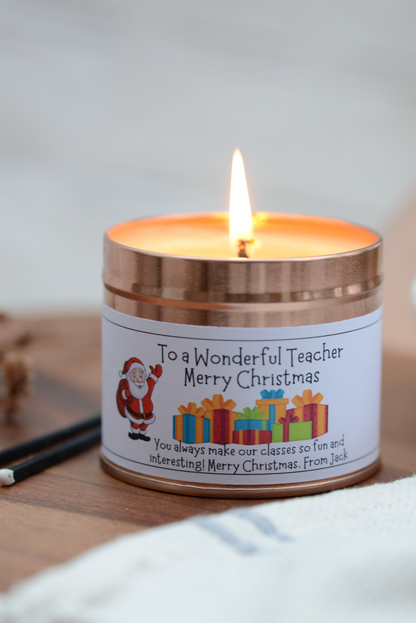 Merry Christmas Teacher Gift - Personalised Candle Gift - Hideaway Home Fragrances
