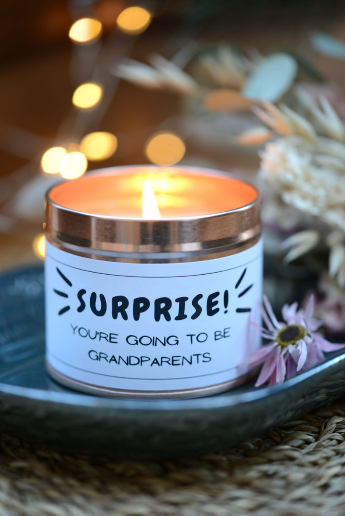 Funny New Baby Candle Gift - Surprise You Are Going to be Grandparents - Hideaway Home Fragrances